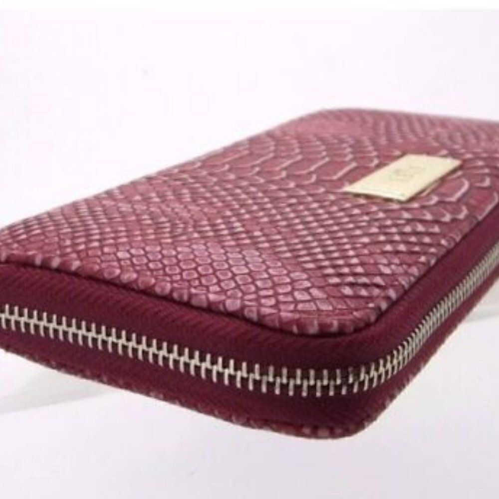 BCBG Vintage Burgundy Crocodile Embossed Zip Around Leather Wallet